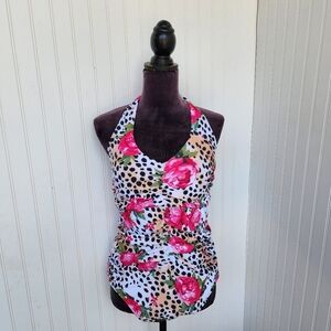 NWOT NOON SWIM Women's Ruched Halter 1 Piece Swimming Suit Leopard Floral Sz 18